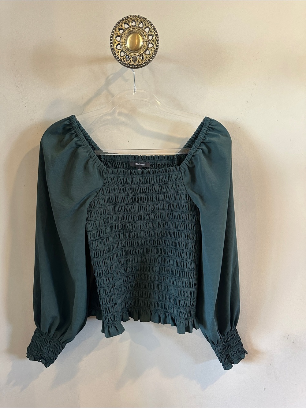 Madewell Dark Green Smocked Square-Neck Peasant Blouse